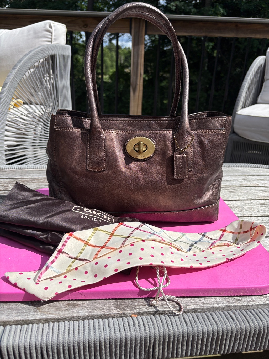 Coach Madeline Turnlock Satchel In Metallic Brown Leather